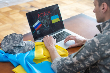 laptop, Message for world peace. military with laptop and flag of ukraine. online conference military