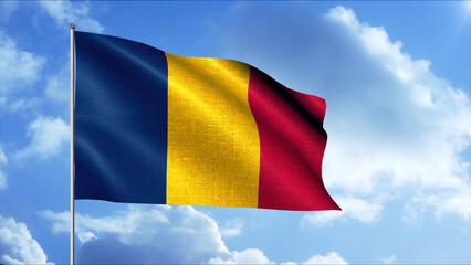 Waving flag of country on background of sky. Motion. Beautiful 3D flag with flagpole flutters in wind. Flag of Romania in wind