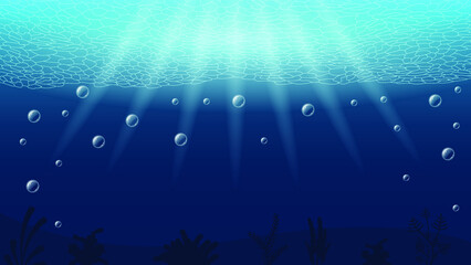 Abstract Blue Underwater Ocean Sea Nature Background Vector With Bubbles And Shadows Seaweed Vector Design Style