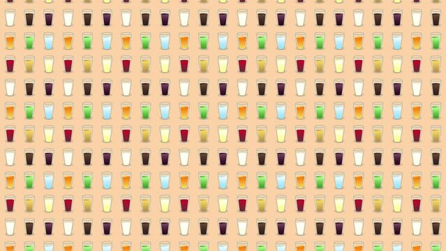 Background of glasses with different color drinks pattern, seamless looping, 2D animation background, 4K 60 fps