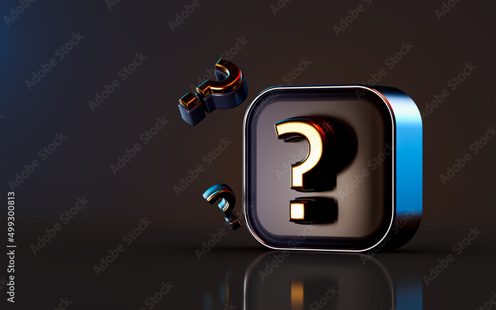 Poster question mark badge icon on dark background 3d render concept for asking confusion problem