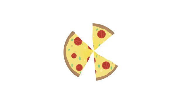 Delicious cartoon pizza rotates on screen, gradually disappears slice by slice, 4k animation, white background and blue screen