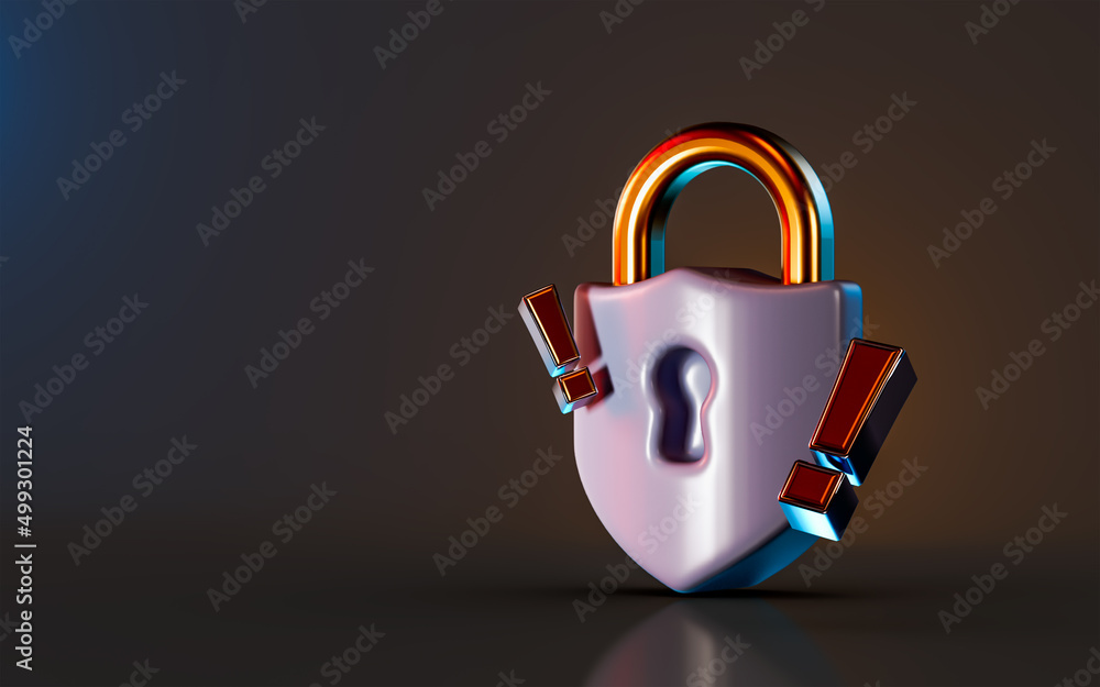 Poster security lock icon with exclamation on dark background 3d render concept for safety attention alert