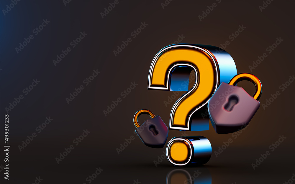 Aufkleber question mark icon with security lock on dark background 3d render concept for asking protection