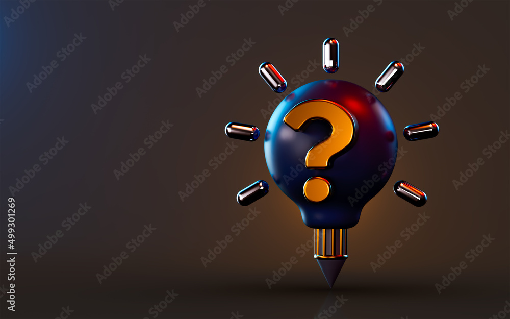 Aufkleber creative pencil icon with attached lightbulb question mark on dark background 3d render concept for