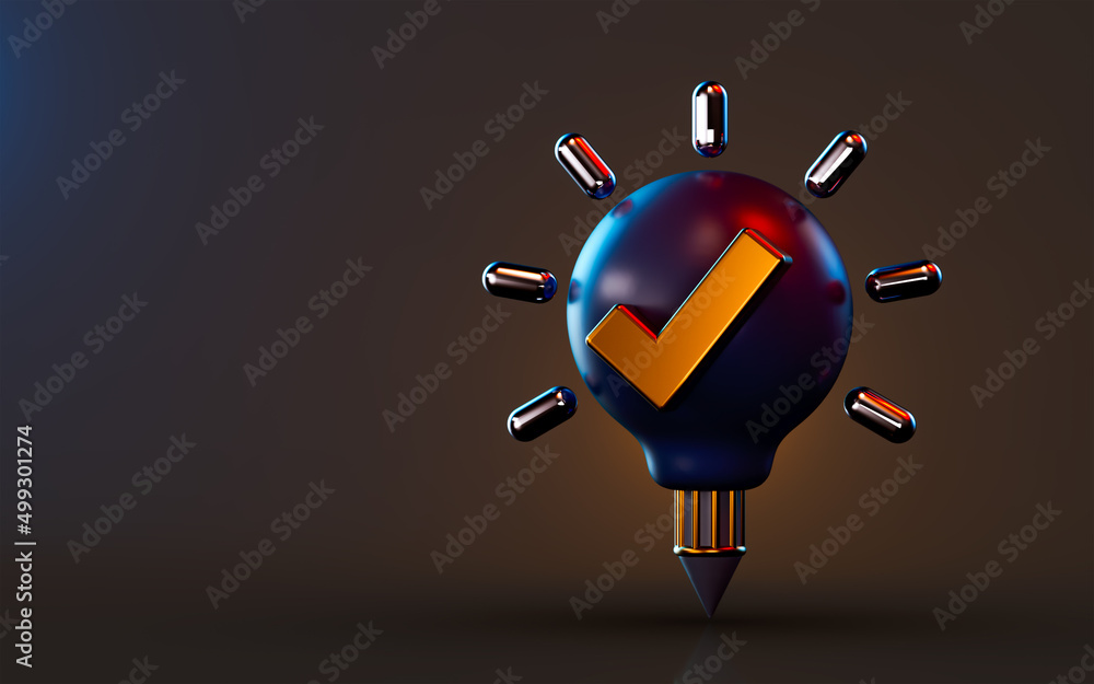 Poster creative pencil icon with attached lightbulb check mark on dark background 3d render concept for