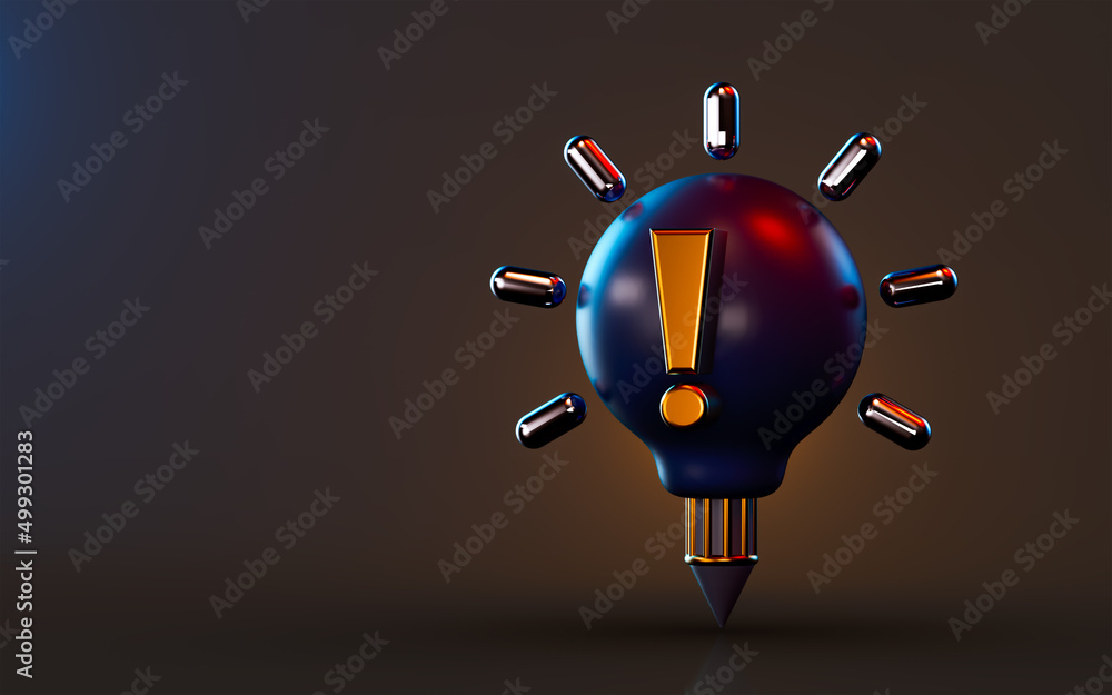 Poster creative pencil icon with attached lightbulb exclamation mark on dark background 3d render concept