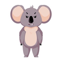 Angry koala isolated on white background. Cartoon character in bad mood.