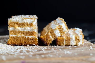 creamy cream and caramel cakes sprinkled with sesame