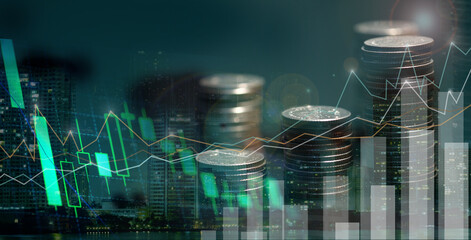 Financial investment concept, Double exposure of city night and stack of coins for finance investor, Forex trading candlestick chart, Cryptocurrency Digital economy. background for invest