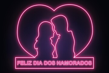 Cartão comemorativo, um coração em torno de um casal de um homem e uma mulher, escrito em baixo "Feliz dia dos namorados", na cor rosa em neon, fundo escuro com um gradiente azul no meio