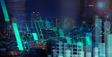 Financial investment concept, Double exposure of city night and stack of coins for finance investor, Forex trading candlestick chart, Cryptocurrency Digital economy. background for invest
