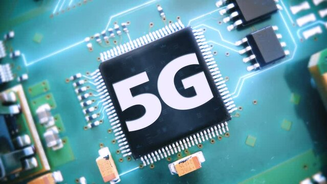 5G cellular microchip closeup concept, technology futuristic AI motion graphics