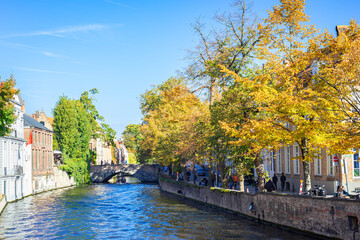 Scenic view of trees with autumn leaf colors along a canal in the historic town of Bruges, Belgium.
