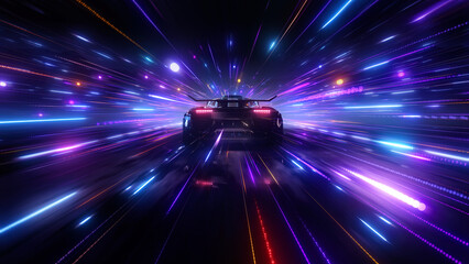 Speeding Sports Car On Neon Highway. Powerful acceleration of a supercar on a night track with colorful lights and trails. 3d render