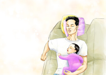 sieste entre papa et son bébé avec zone écriture