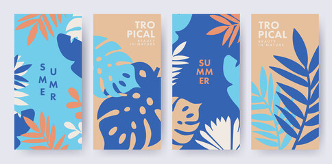 Tropical Summer set in minimalist style. Abstract Botanical Contemporary art prints with tropical leaves, monstera and modern typography. Templates for cover, stories, banner, packaging, branding, ads