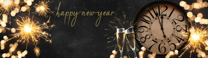 HAPPY NEW YEAR 2023 - Festive silvester New Year's Eve Party celebration background panorama banner...