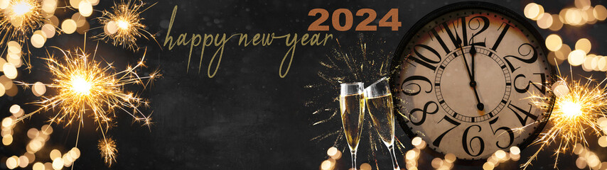 HAPPY NEW YEAR 2024 - Festive silvester New Year's Eve Party celebration background panorama banner long - Golden yellow fireworks, sparklers, clock and champagne classes toasting in dark black night