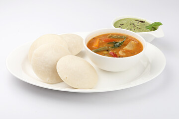 Steamed Idli with sambhar and chutney, South Indian breakfast