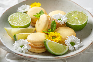 Delicious and fresh lemon macaroons with spring flowers on plate.