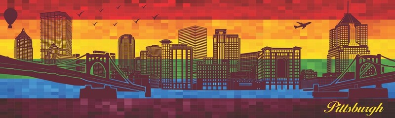 Pittsburgh on LGBT flag background - illustration, 
Town in Rainbow background, 
Vector city skyline silhouette - obrazy, fototapety, plakaty
