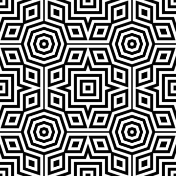 Vector symmetrical geometrical seamless pattern. Abstract black white background. Optical illusion. Kaleidoscope ornament.