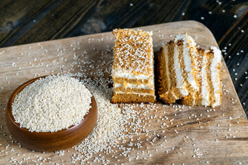 creamy cream and caramel cakes sprinkled with sesame