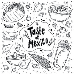 mexican cuisine, burrito, tacos, nachos, guacamole, vector flat illustration in line drawing style, doodle
