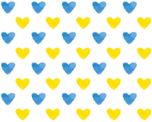 eamless pattern with blue and yellow hearts over white