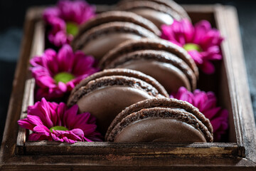 Delicious and fresh chocolate macaroons as a aromatic dessert.