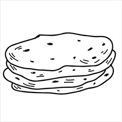 Mexican tortillas in line art style, hand drawing. Mexican cuisine. Vector illustration isolated on white background