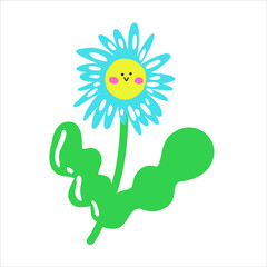 Vector flat illustration with smiling 
 kawaii blue daisy isolated on a white background. To decorate your designs with cute characters and flowers