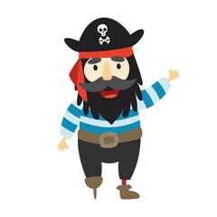 Obraz premium Cute pirate waving his hand. Greetings. Postcard in children's cartoon style. Vector illustration for designs, prints and patterns. Vector illustration.