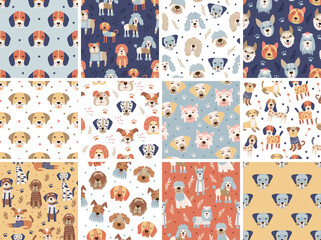Fototapeta na wymiar Set of seamless patterns with dogs, children textile design collection. Vector illustration.