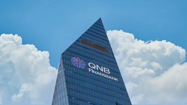 Istanbul, Turkey - November 2017: QNB Finansbank headquarters skyscraper in Levent district