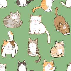 Seamless Pattern of Cartoon Cat Illustration Design on Green Background