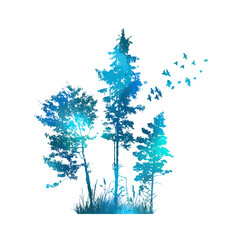 Blue trees with birds. Vector illustration