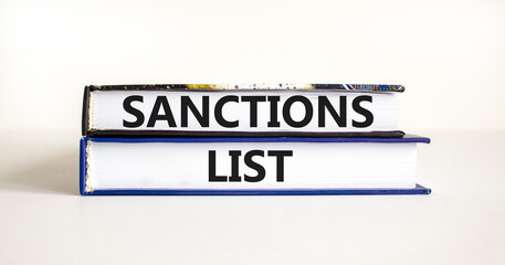 Sanctions list symbol. Books with concept words Sanctions list on beautiful white background. Business political sanctions list concept. Copy space.