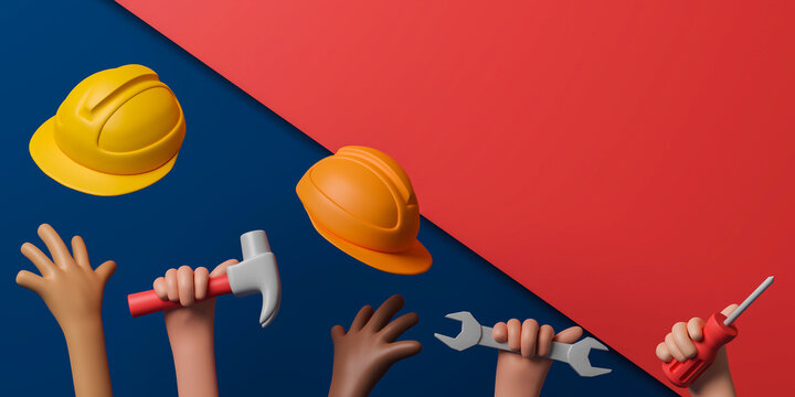 3d rendering concept labor day illustration with copy space for text or message. Worker hand holding hammer, wrench, screwdriver and throwing hardhat.