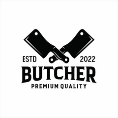 Vintage Retro Butcher shop label logo design with crossed cleavers