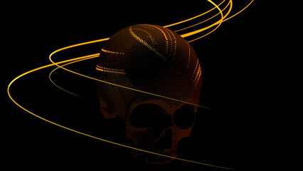 A skull in abstraction. Design. The skull next to which bright lines are spinning is made in 3d on a black empty background.