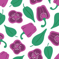 Cute pepper seamless pattern. Whole vegetables, slices and leaves. Flat vector hand drawn illustration in cartoon style