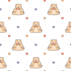 Seamless Pattern with Cartoon Bear and Heart Design on White Background