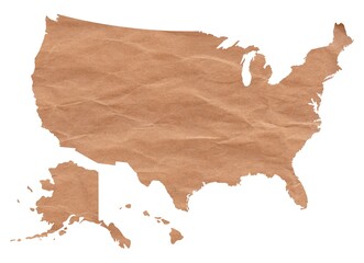 Map of United States of America made with crumpled kraft paper. Handmade map with recycled material. USA. EEUU