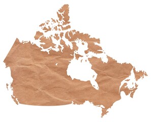 Map of Canada made with crumpled kraft paper. Handmade map with recycled material. North America