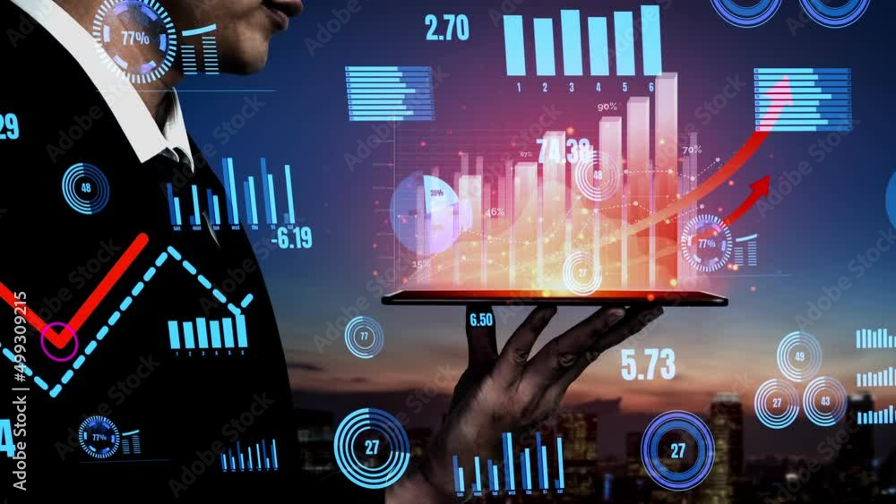 Poster double exposure image of business and finance conceptual - businessman with report chart up forward 
