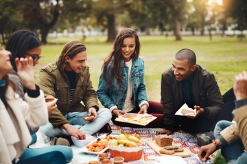 I dont know where to start. Shot of a group of cheerful young friends having a picnic together...