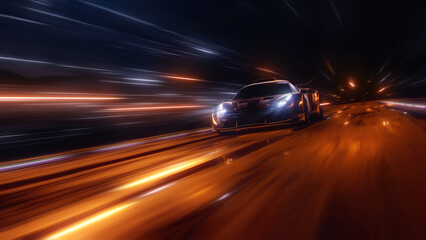 Plakat Speeding Sports Car On Neon Highway. Powerful acceleration of a supercar on a night track with colorful lights and trails. 3d render
