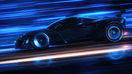 Fototapeta na wymiar Speeding Sports Car On Neon Highway. Powerful acceleration of a supercar on a night track with colorful lights and trails. 3d render